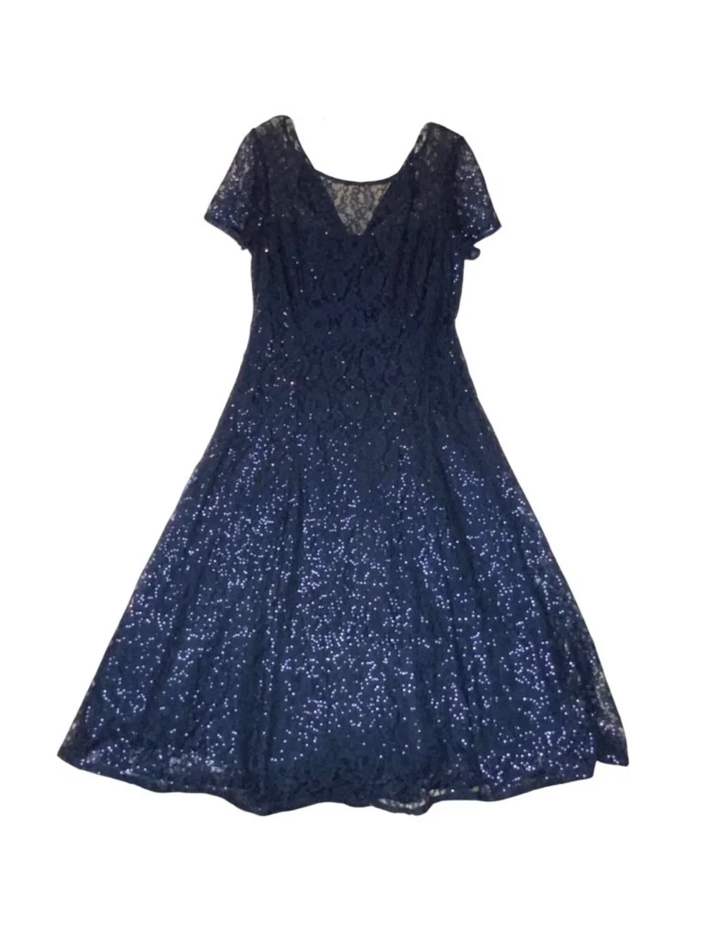 SLNY Womens Navy Lace Sequin A-Line Cocktail Midi Dress Size 12 Wedding Guest - Picture 1 of 7